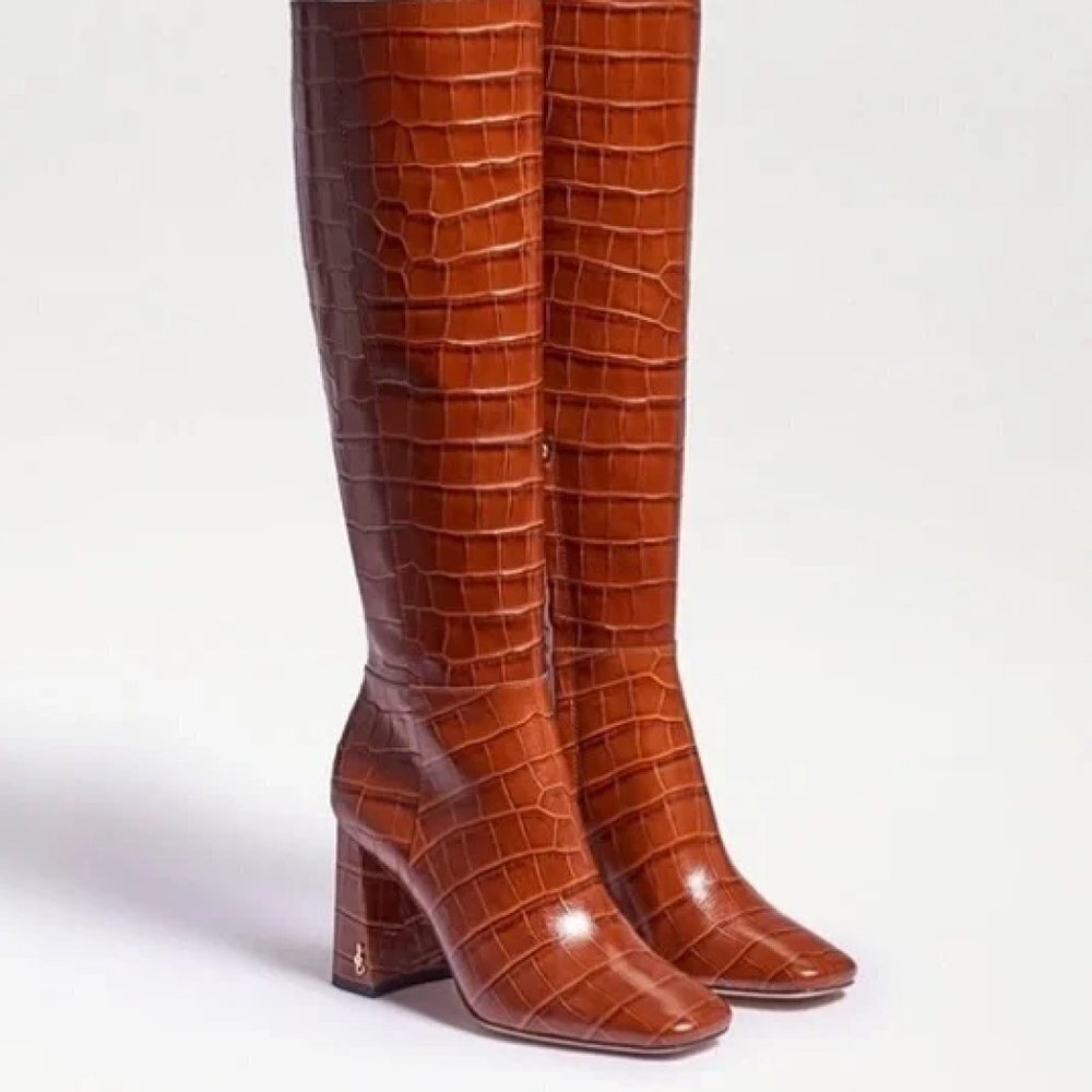 Sam Edelman Cognac Croc-Embossed Knee-High Block Heel Boots